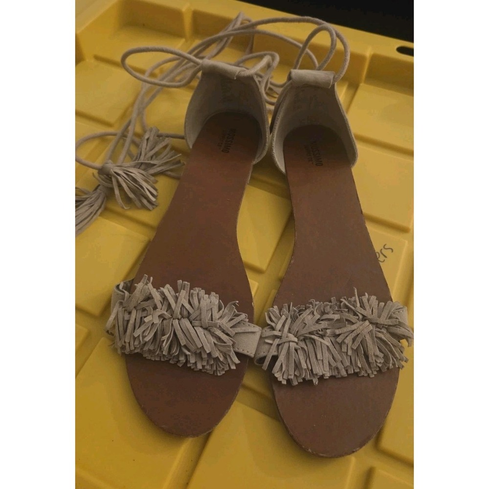 Fringe Ankle Wrap Sandals Womens 9.5 Beige Boho‎ Flat Shoes